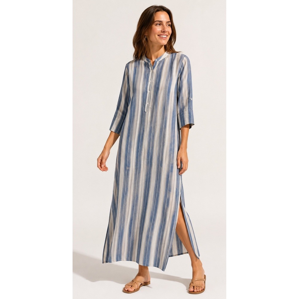 J McLaughlin Shirt Dress Women Medium Blue Stripe Linen Blend Maxi Preppy